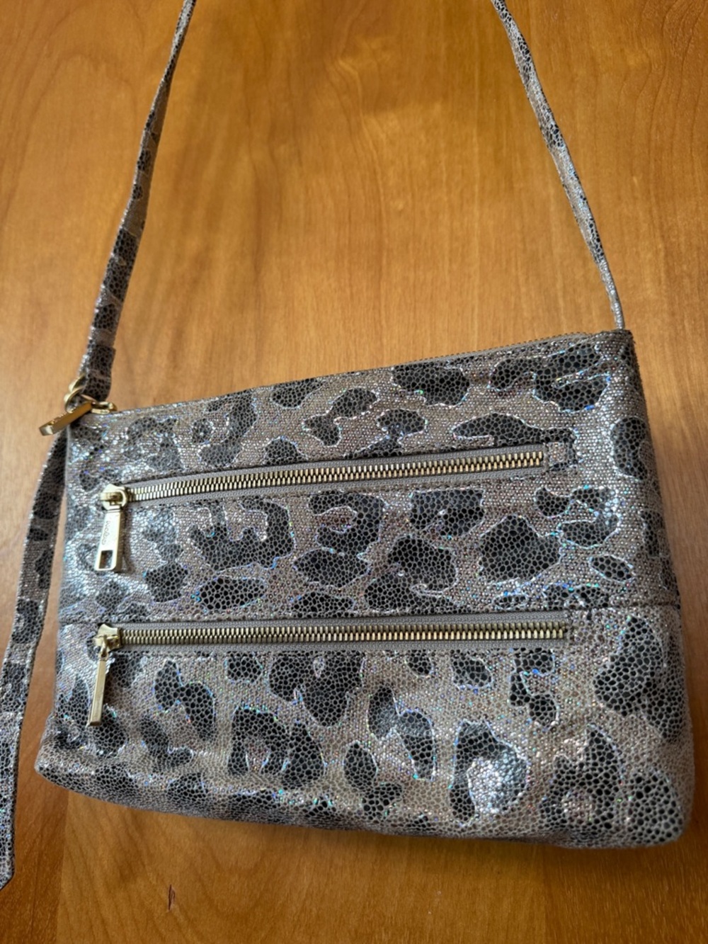 HOBO Metallic Leather Leopard Print Crossbody Bag - Silver/Tan Glitter